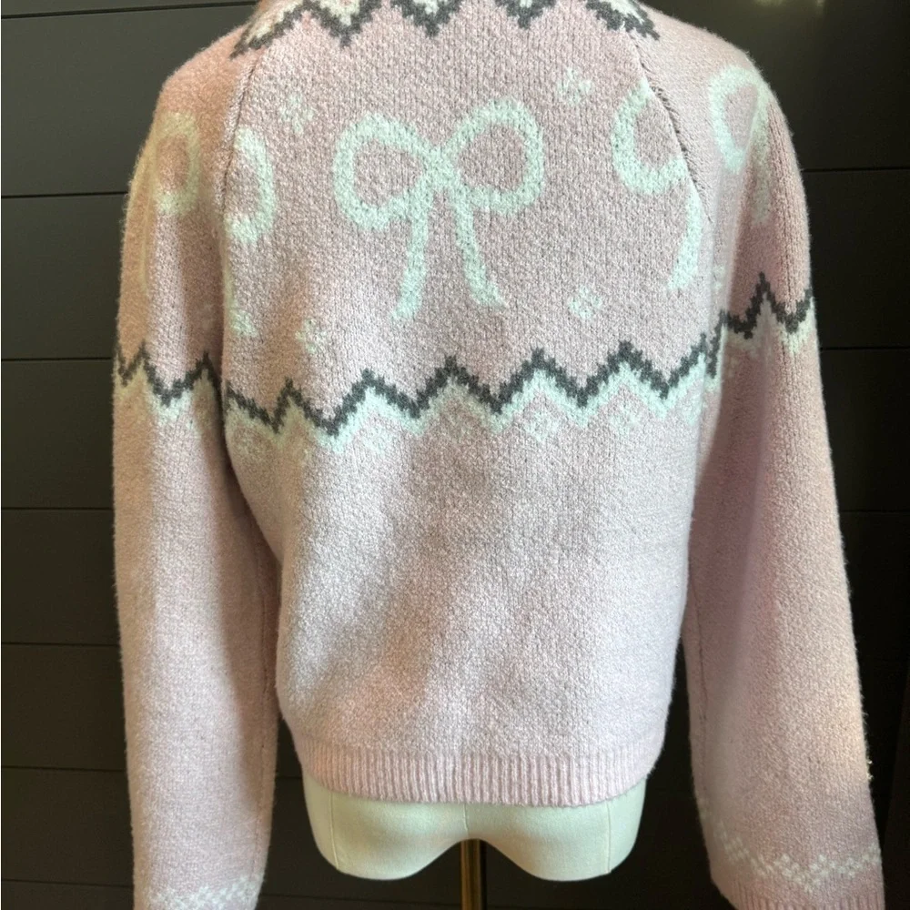 No Boundaries Pink White Bow Girly Fair Isle Rose Mist Cowl Neck Sweater Sz 8-10